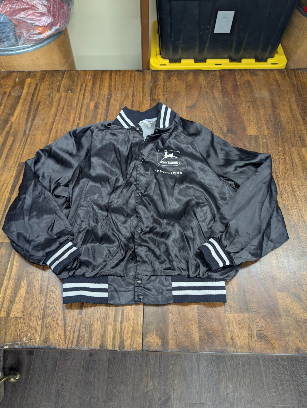 John Deere WestArk Satin Bomber Jacket Vintage USA Black XL