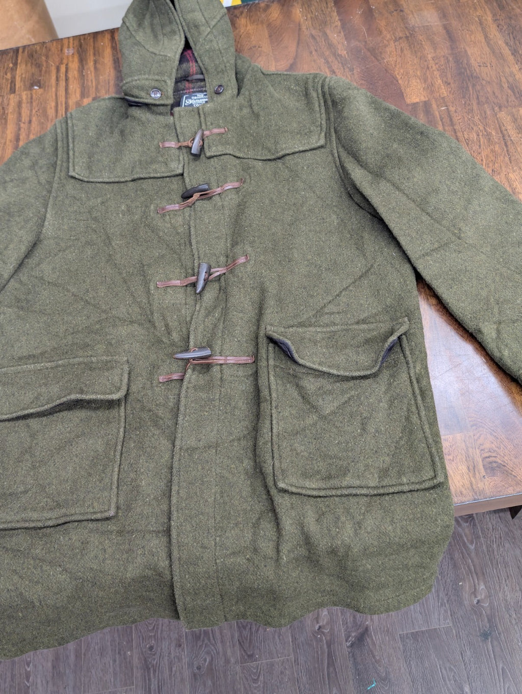 Gloverall Duffle Coat Olive Wool Hooded Jacket UK 44 58 Char