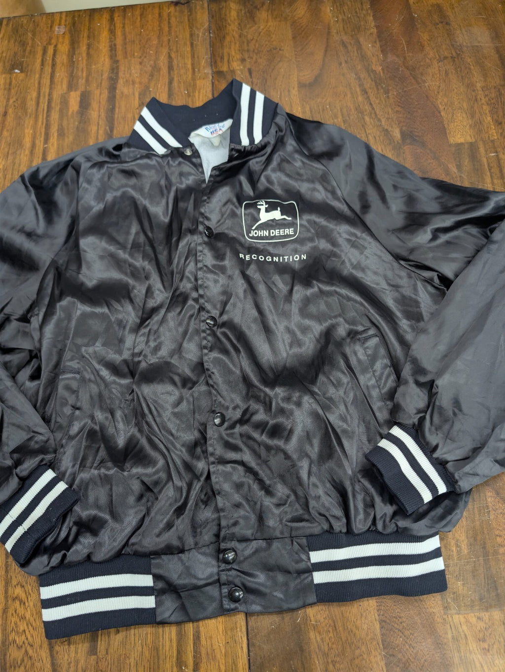 John Deere WestArk Satin Bomber Jacket Vintage USA Black XL