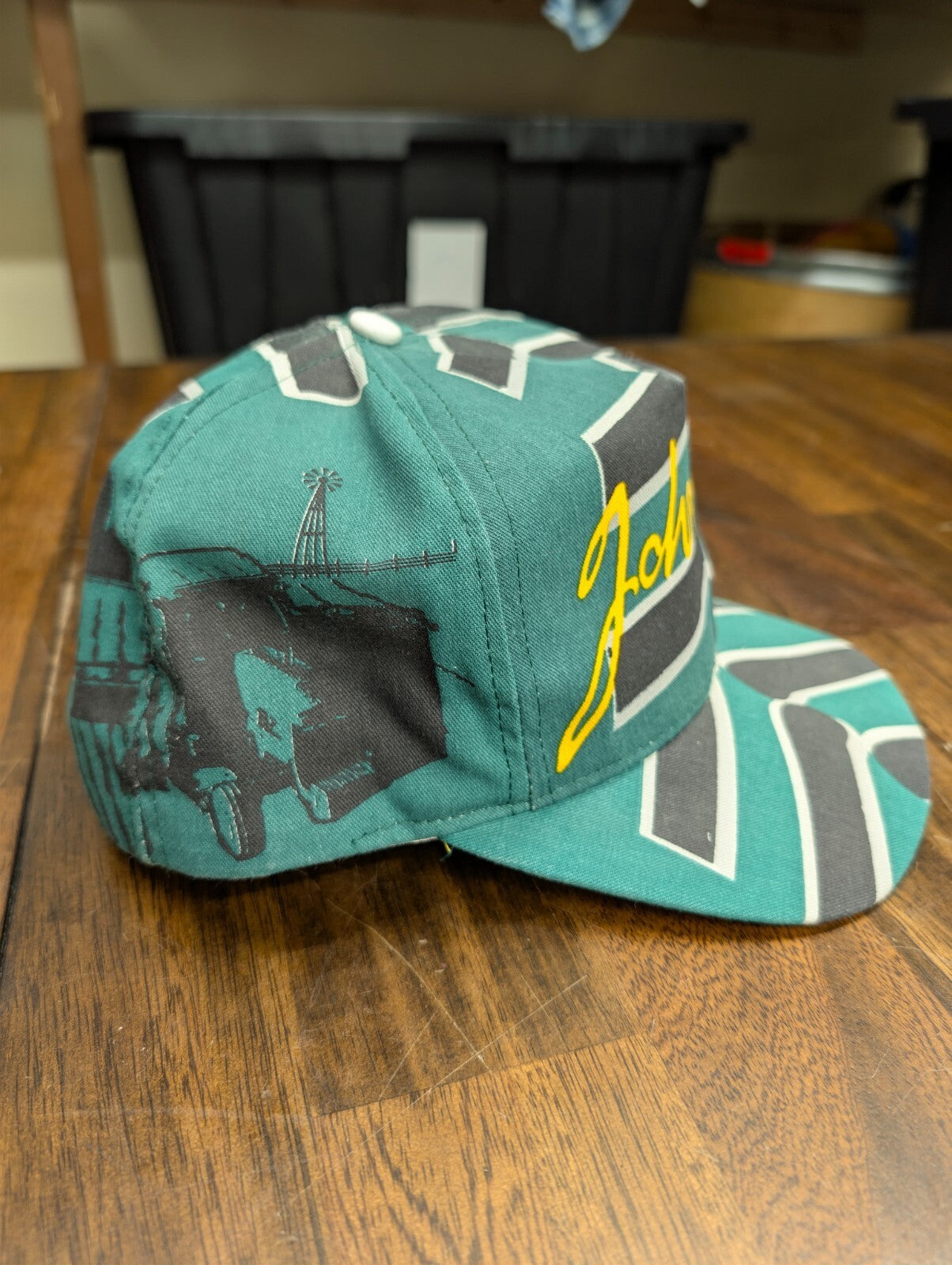 John Deere Swingster Snapback Hat AOP USA Made Yellow Brim