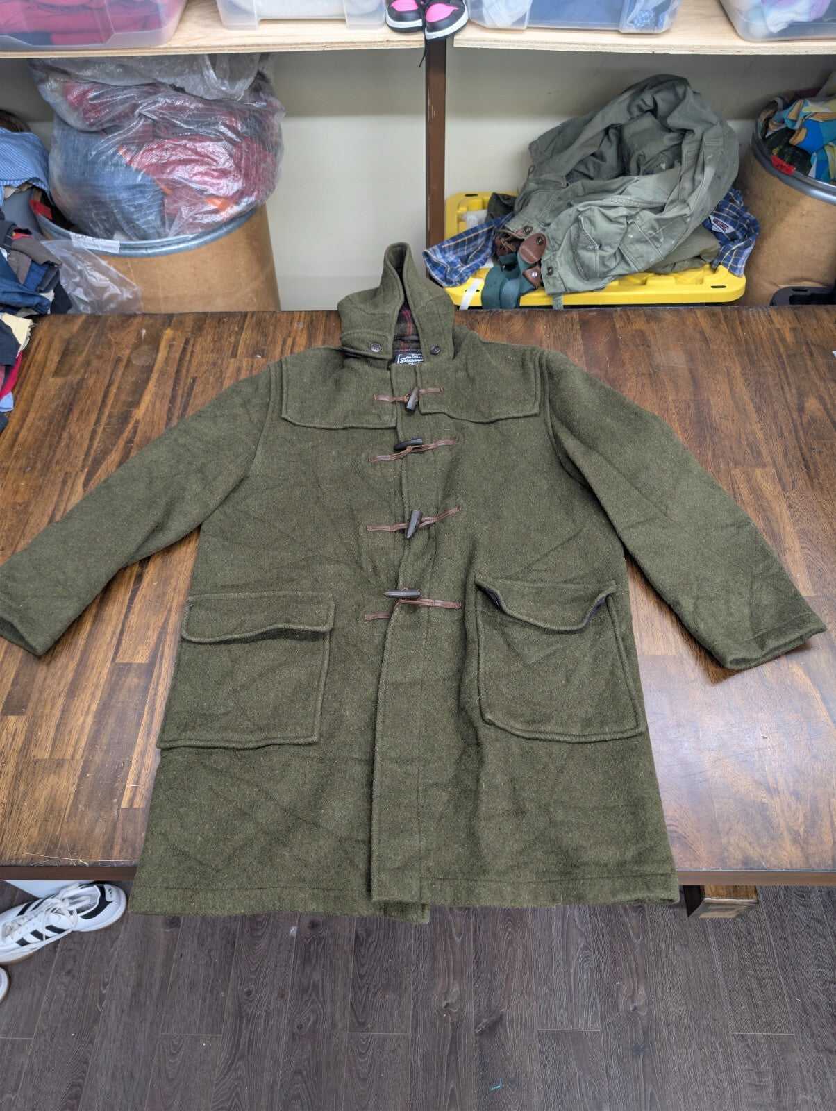 Gloverall Duffle Coat Olive Wool Hooded Jacket UK 44 58 Char